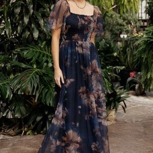 Baltic Born Cassandra Tulle Maxi Dress | Dark Blue Floral Size SS
